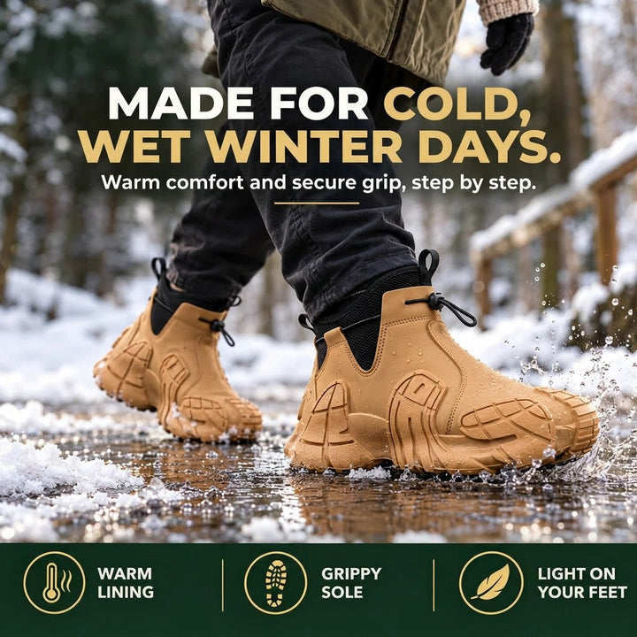 Camel slip on lug sole boots worn walking through snow and puddles