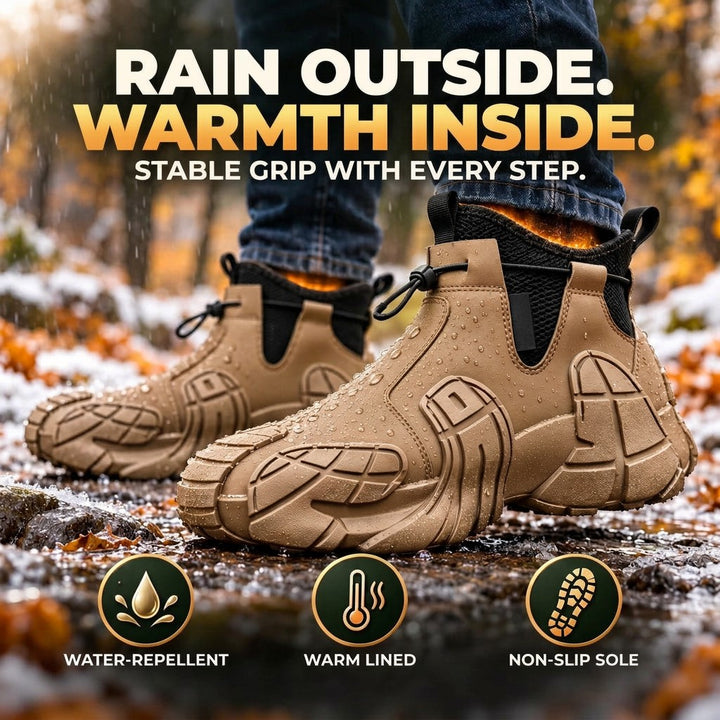 Camel slip on chunky lug sole boots on a wet leafy path with promo banner icons