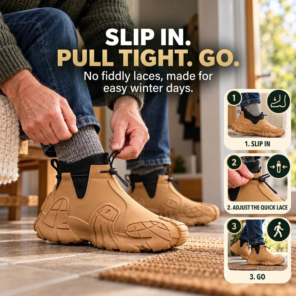 Hands pulling on camel slip on lug sole boots with step by step icons