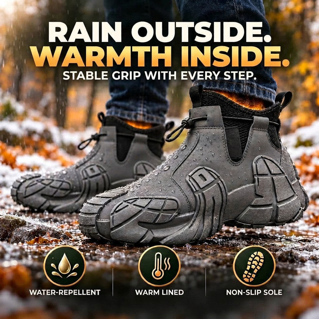 Dark gray slip on chunky lug sole boots on a wet leafy path with promo banner icons