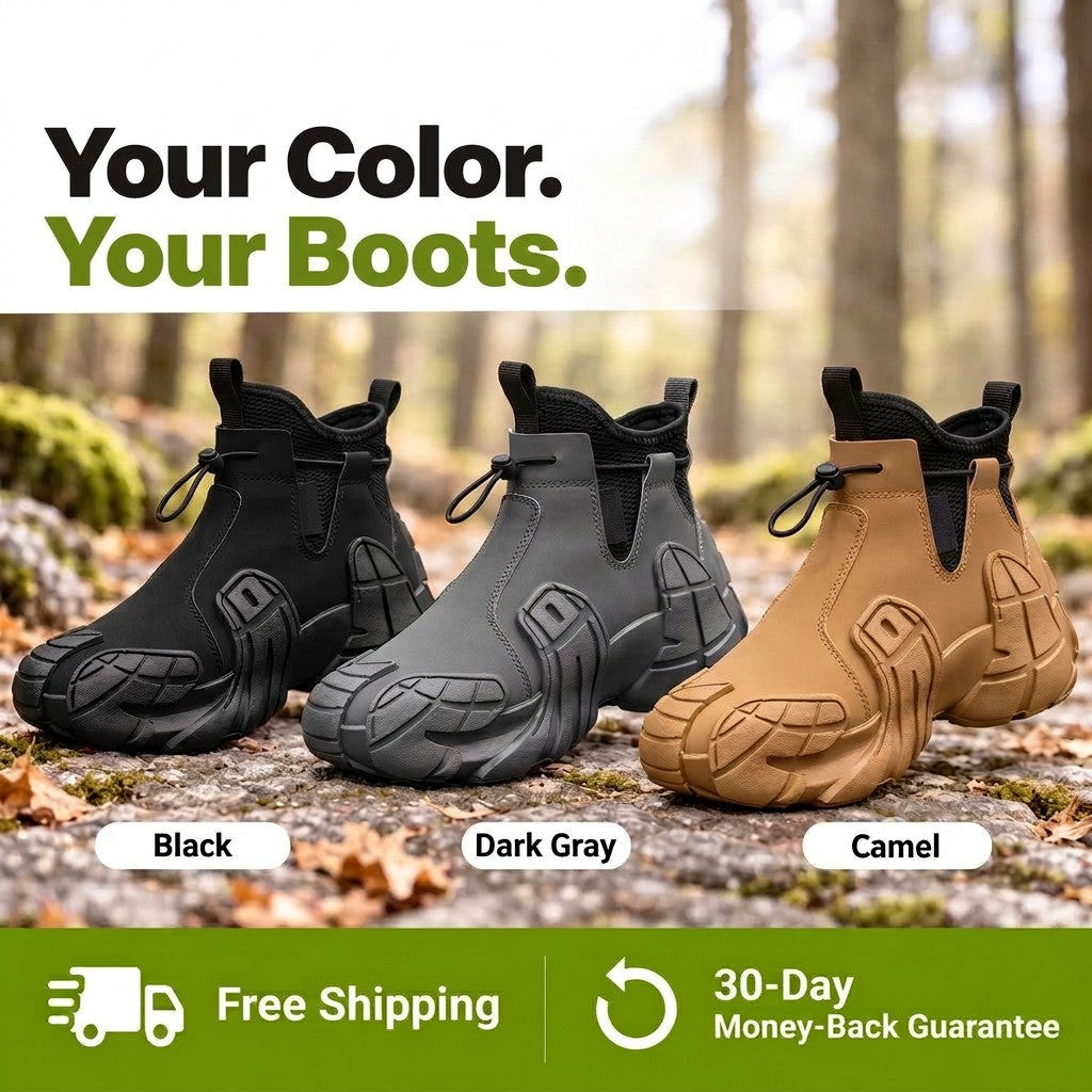 Graphic showing the slip on lug sole boots in black, dark gray and camel
