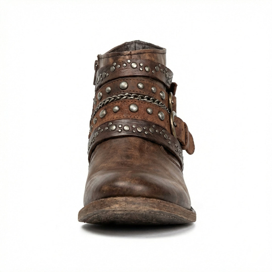 Women's brown studded ankle boots, front view