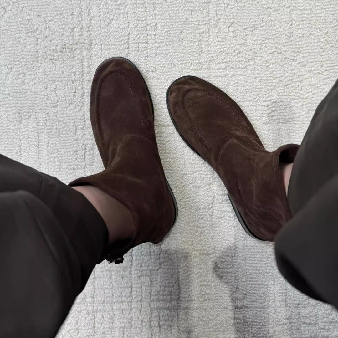 Top view of brown suede look ankle boots
