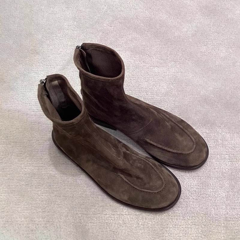 Women's ankle boots in brown, suede look flat round toe pull on