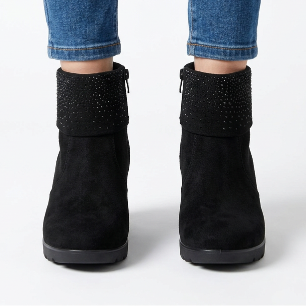 Front view of black suede-look wedge booties with rhinestone cuff and side zip