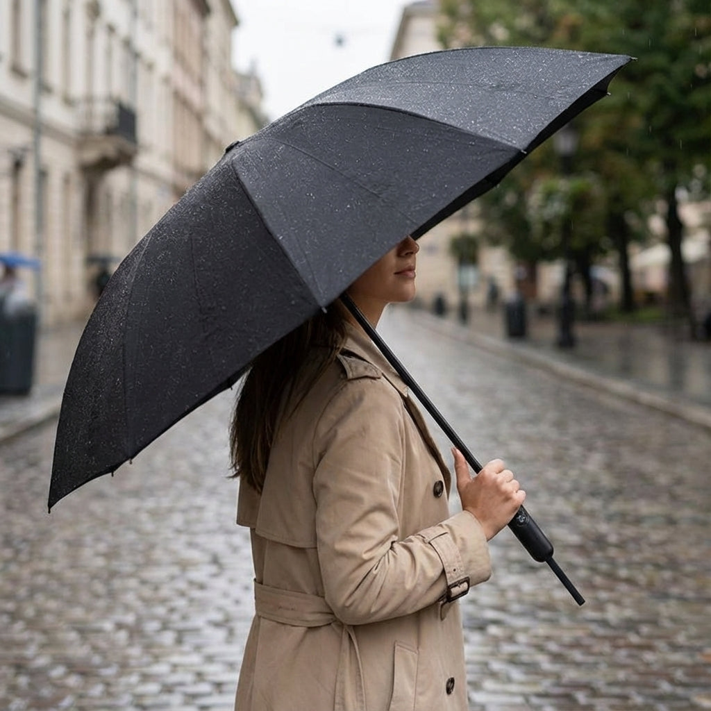 Woman holding an automatic folding umbrella open on a rainy street