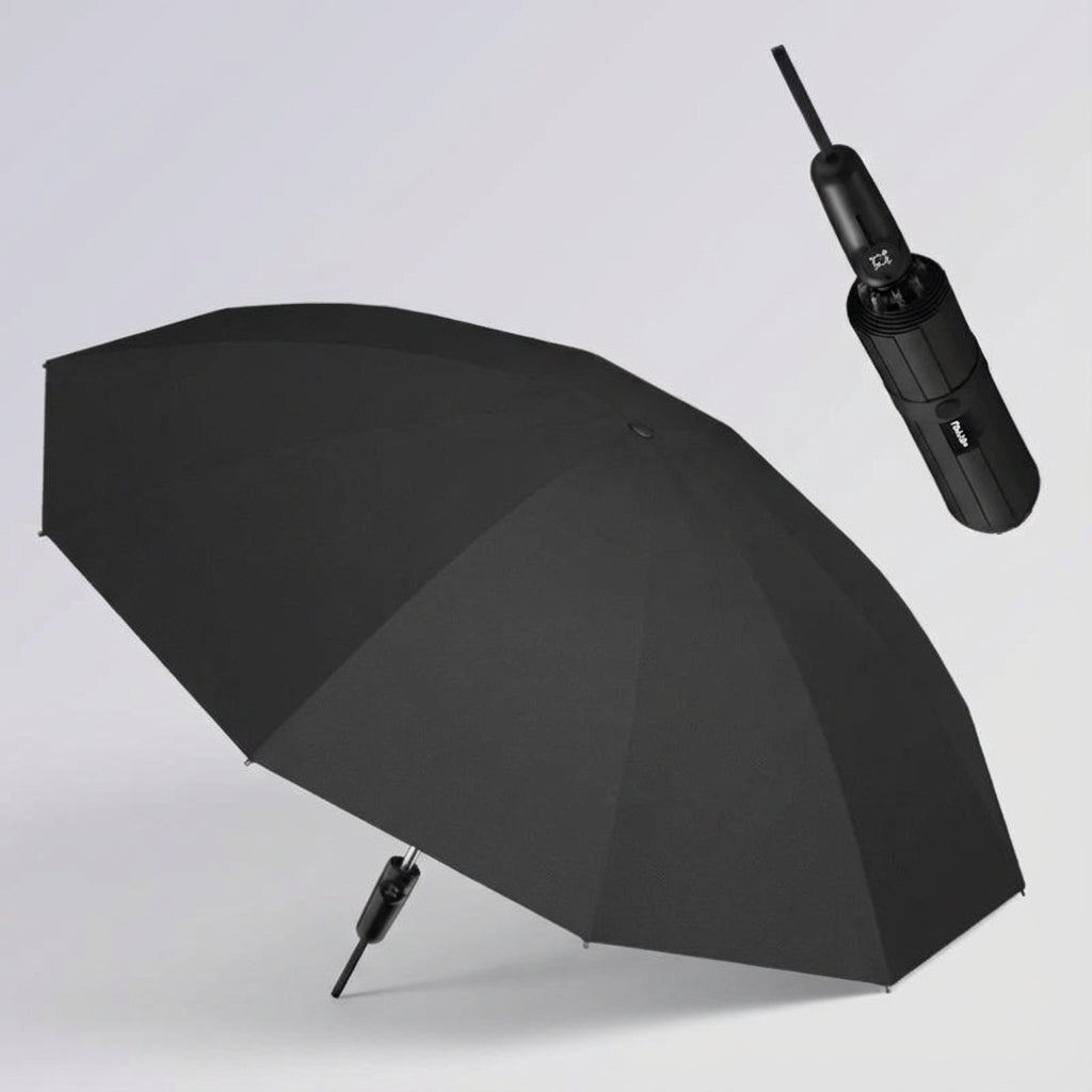 Automatic folding umbrella fully open with closed version beside it