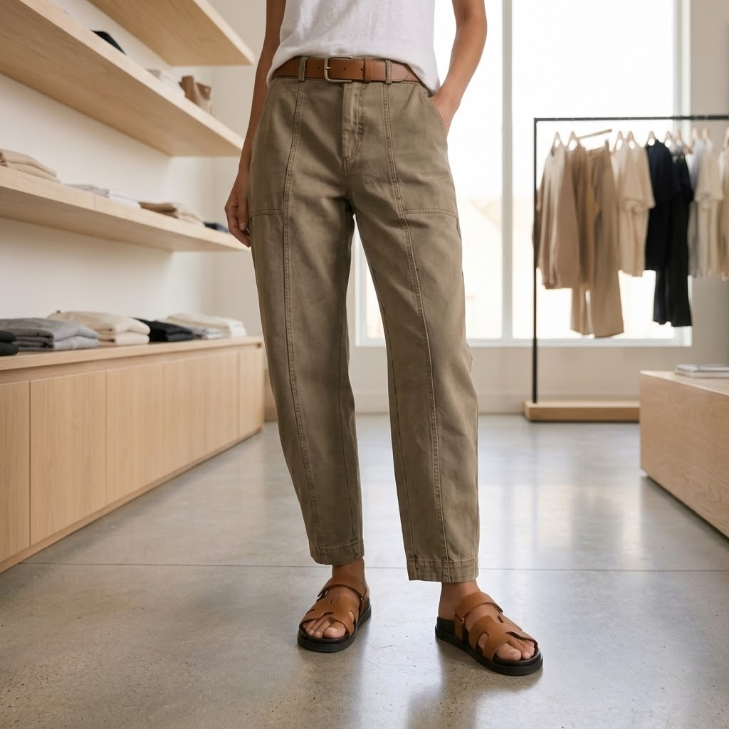 Women's khaki barrel cargo pants, worn by a model in a boutique
