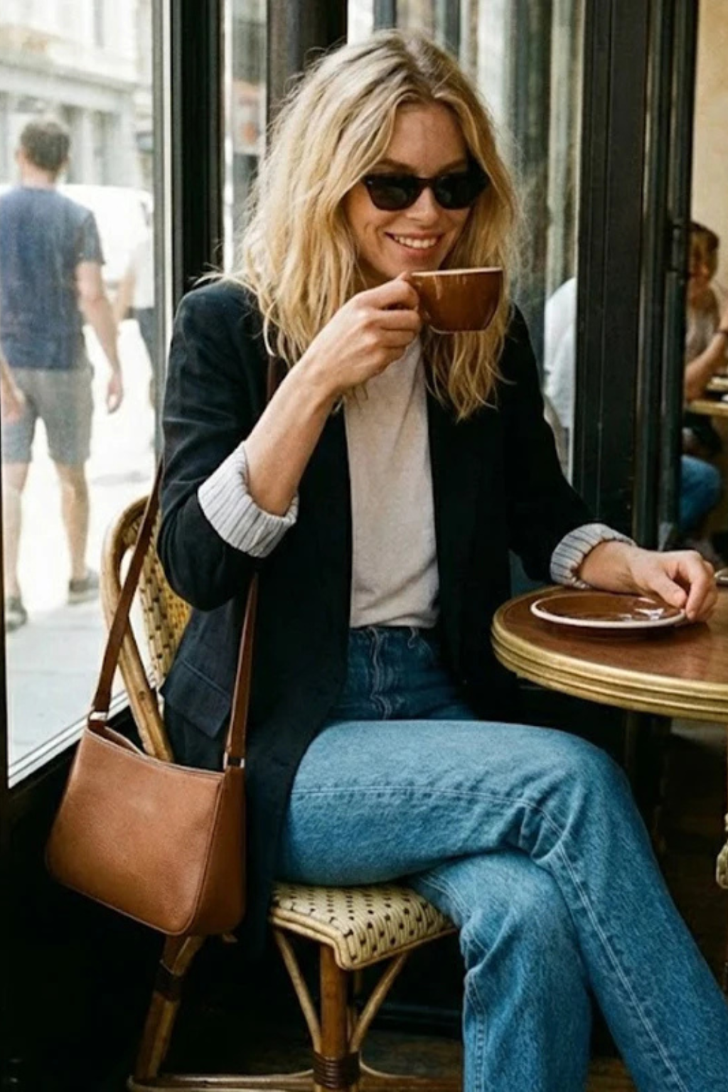 Woman in a black blazer and denim sitting at a cafe