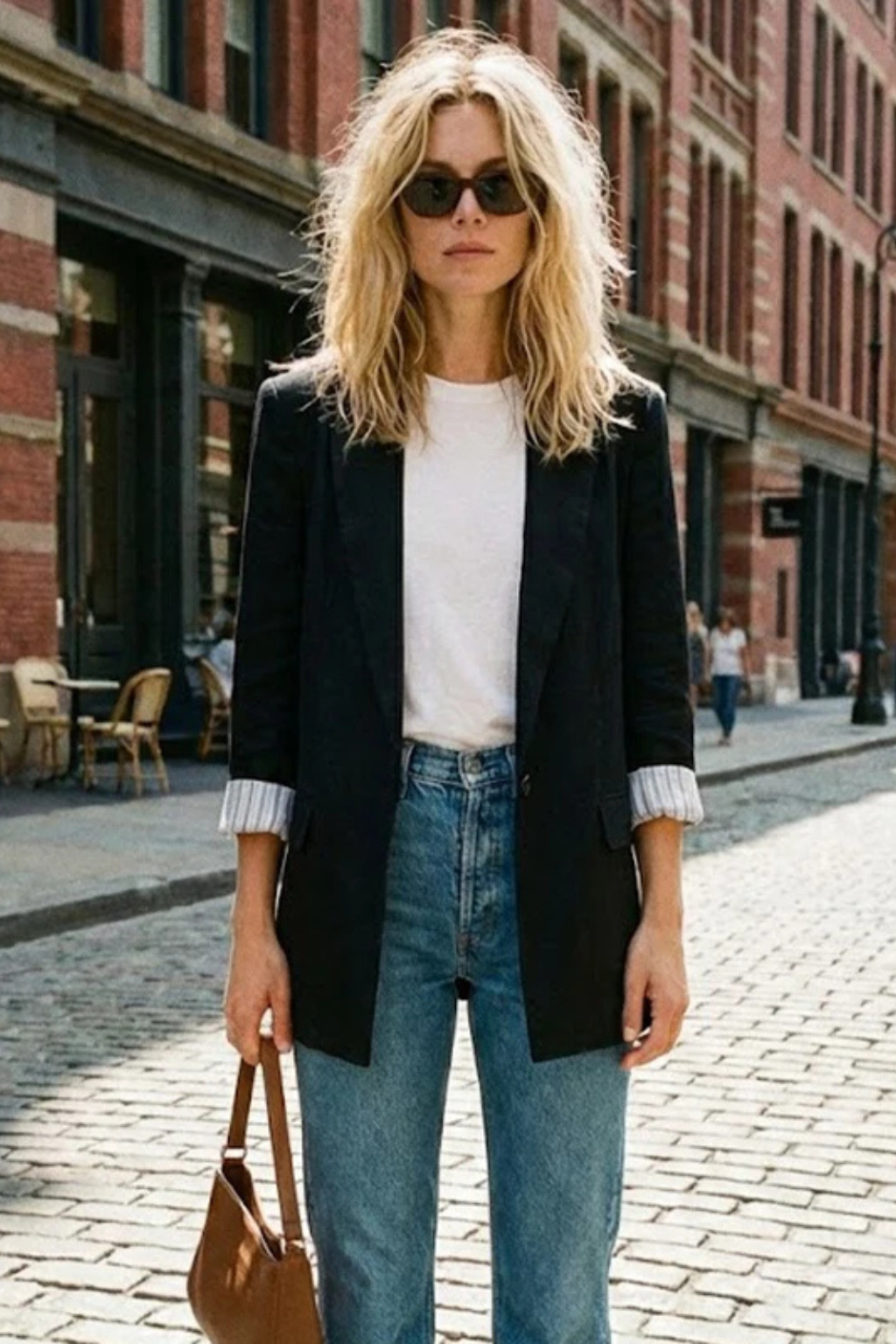 Black blazer styled with straight denim on a city street