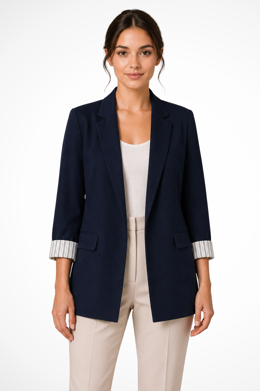 Women's blazer in navy, oversized open front with striped cuffs