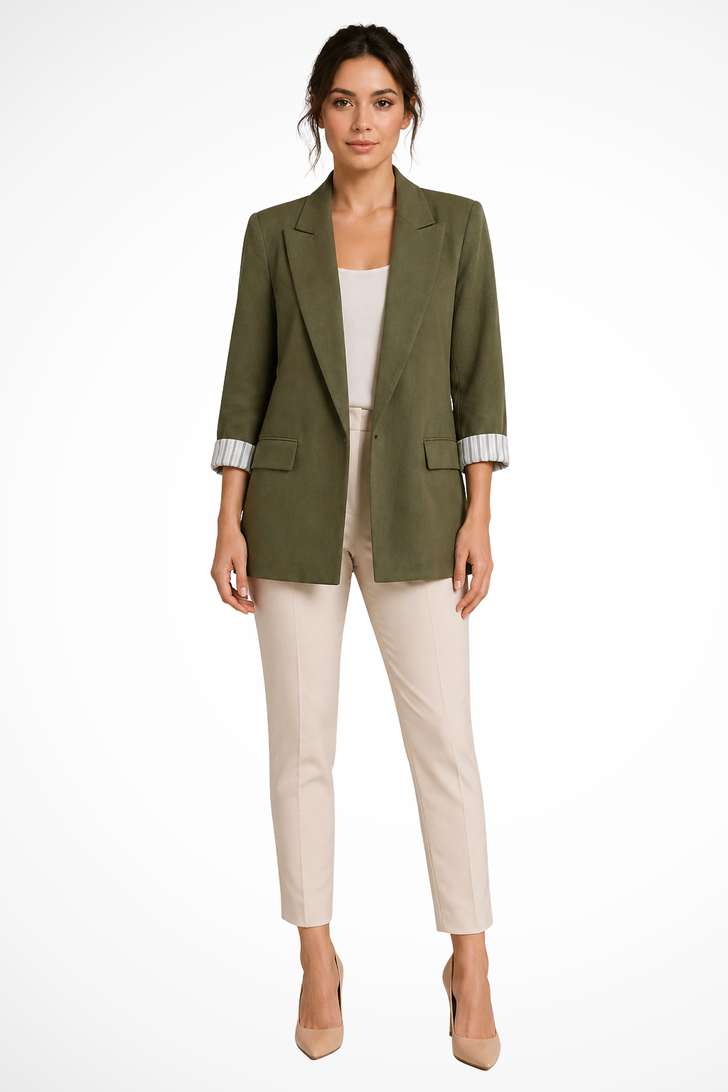 Full length view of the olive blazer with beige pants and nude heels