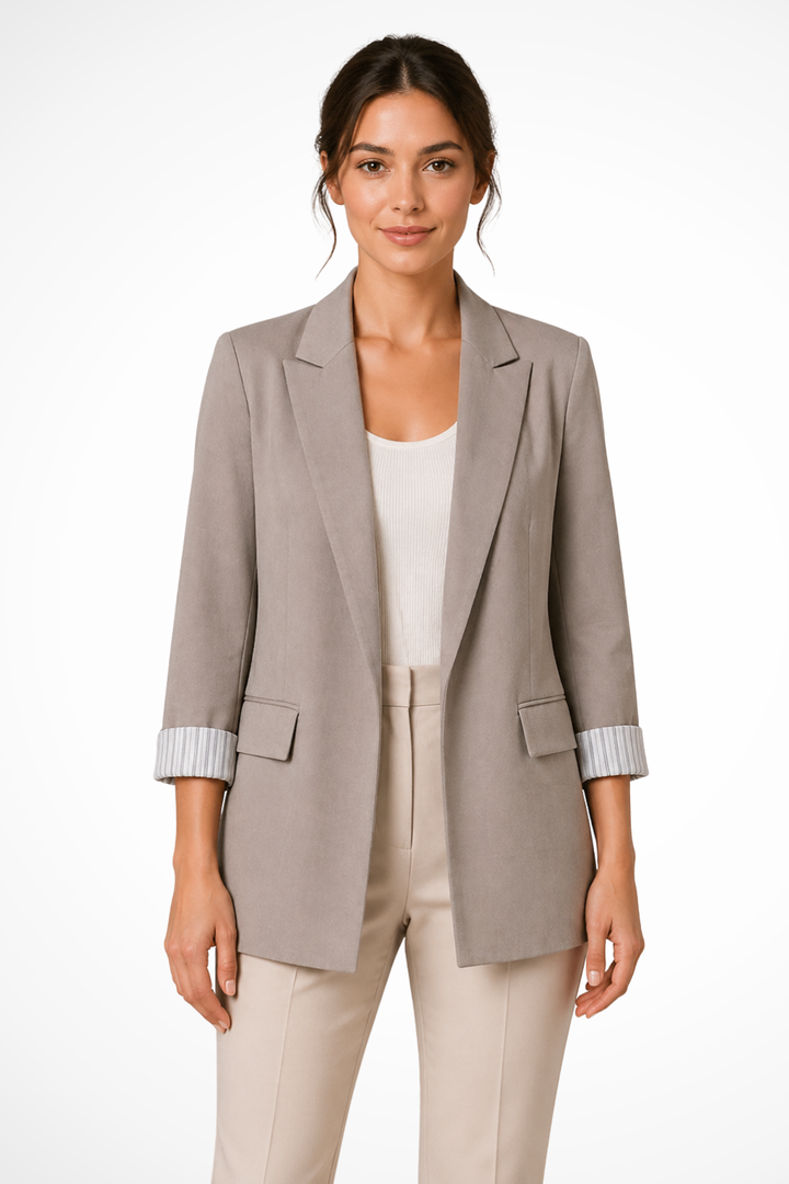 Taupe longline blazer with striped cuff detail