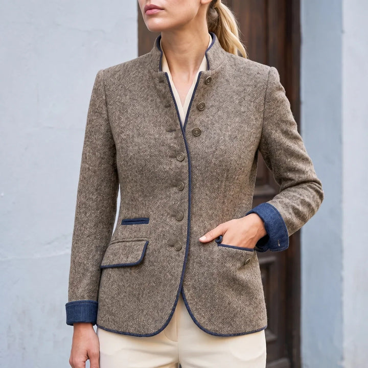 Coffee brown stand collar blazer with piped flap pockets