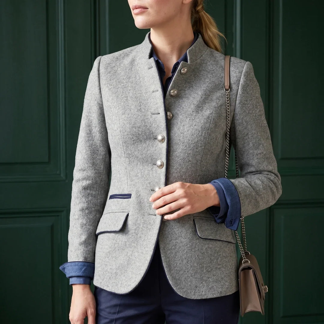 Gray heathered blazer with contrast piping and a shaped waist
