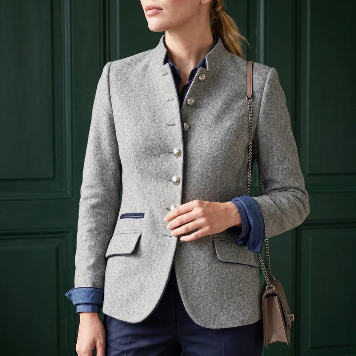 Gray heathered blazer with contrast piping and a shaped waist