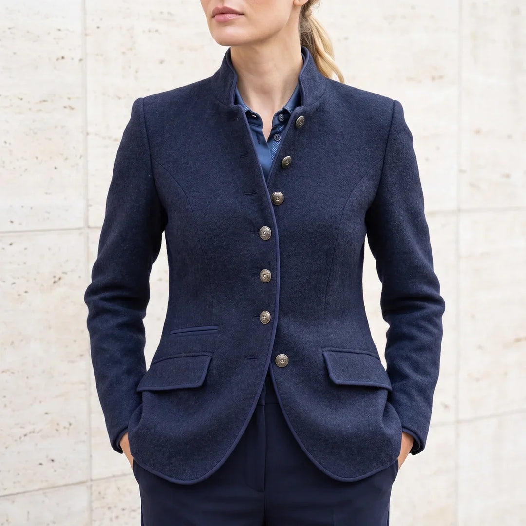 Navy fitted blazer with stand collar and metal-look buttons