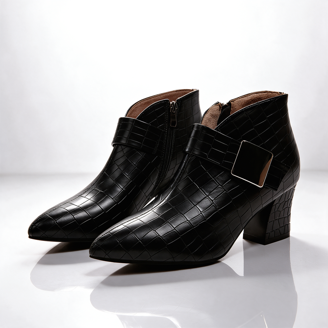 Black croc look ankle boots with block heel and buckle strap, pair view