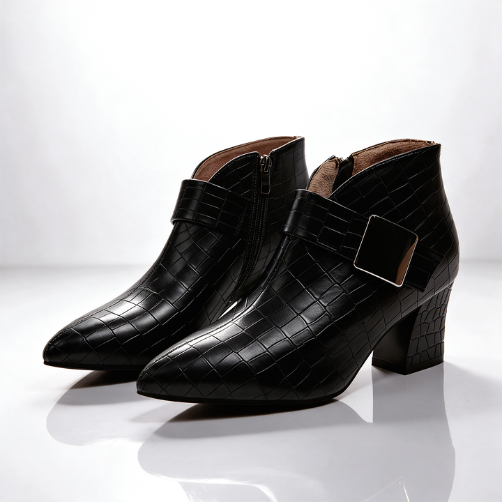 Black croc look ankle boots with block heel and buckle strap, pair view