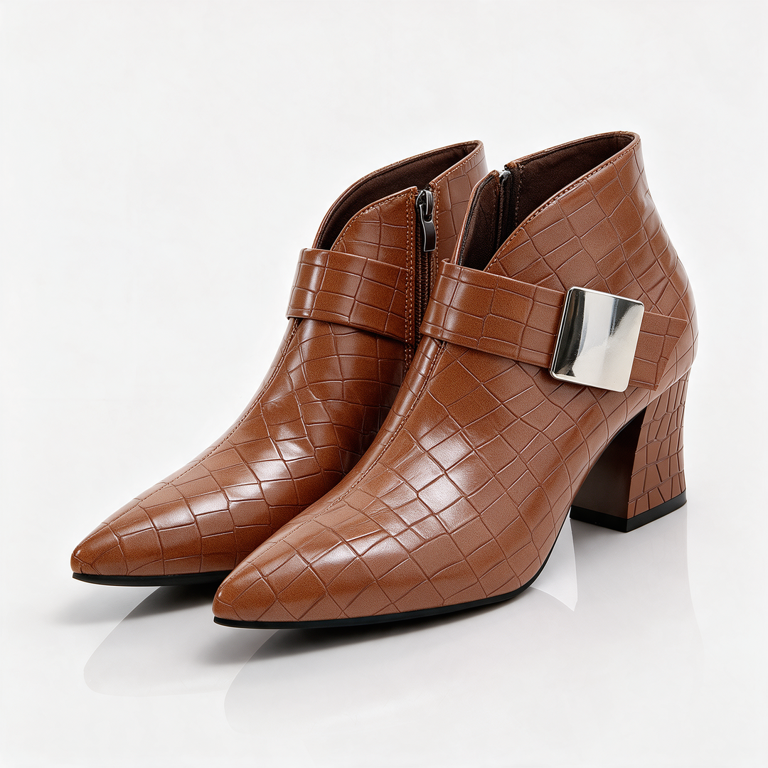 Cognac croc look ankle boots with side zipper and pointed toe, pair view