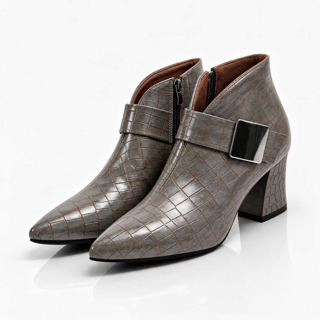 Taupe croc look block heel ankle boots with buckle strap, pair on white