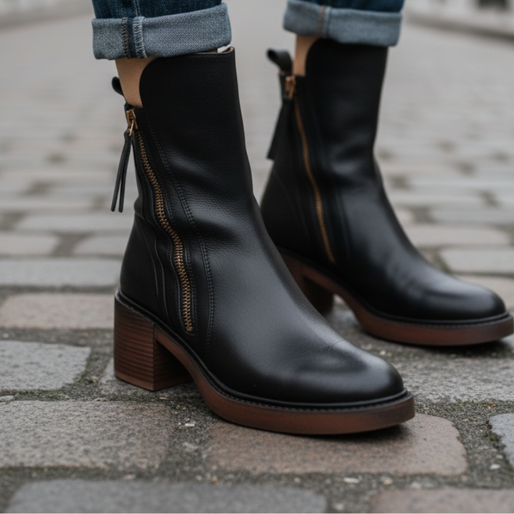 Close up of black block heel booties with side zip on a paved street
