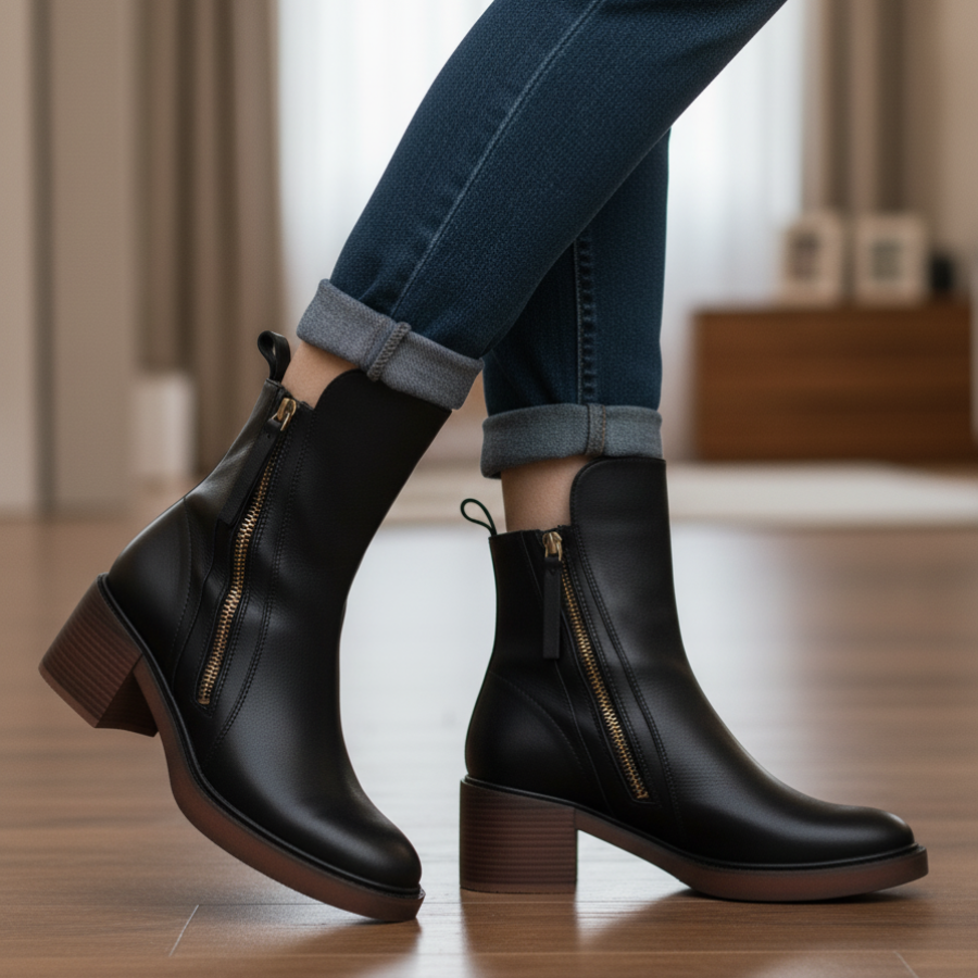 Black block heel booties with side zip worn with cuffed jeans on a wooden floor