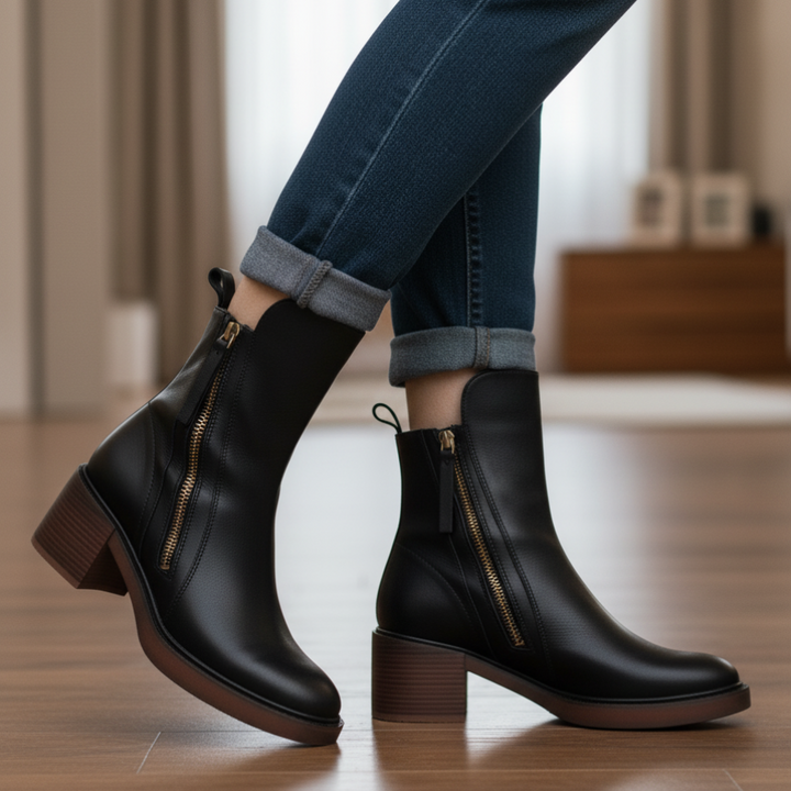 Black block heel booties with side zip worn with cuffed jeans on a wooden floor