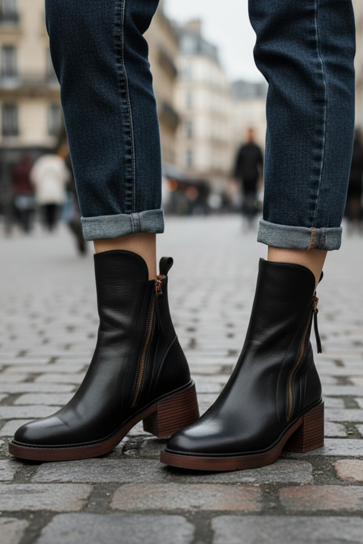 Black block heel ankle boots with side zip worn on a cobblestone street