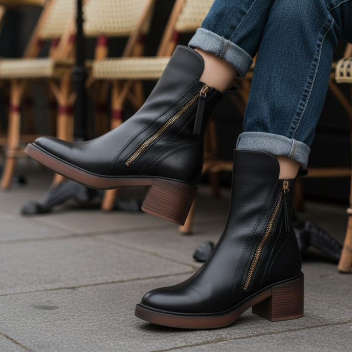 Black block heel booties worn while sitting at a cafe table, side zip visible
