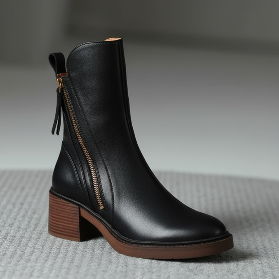 Side view of a single black block heel bootie with zip and brown heel on a gray rug