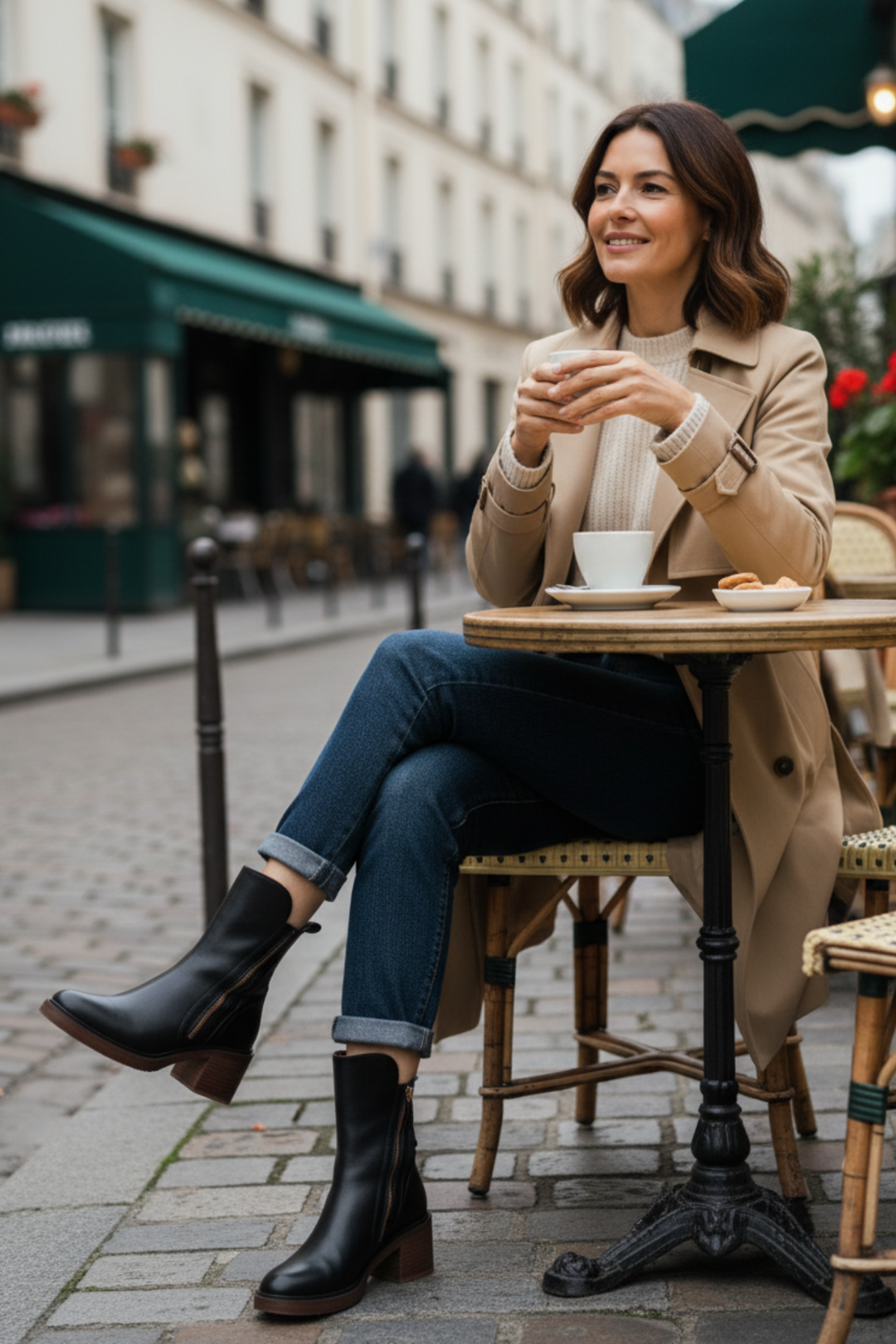 Woman seated at a street cafe table in black block heel booties, jeans and a beige coat