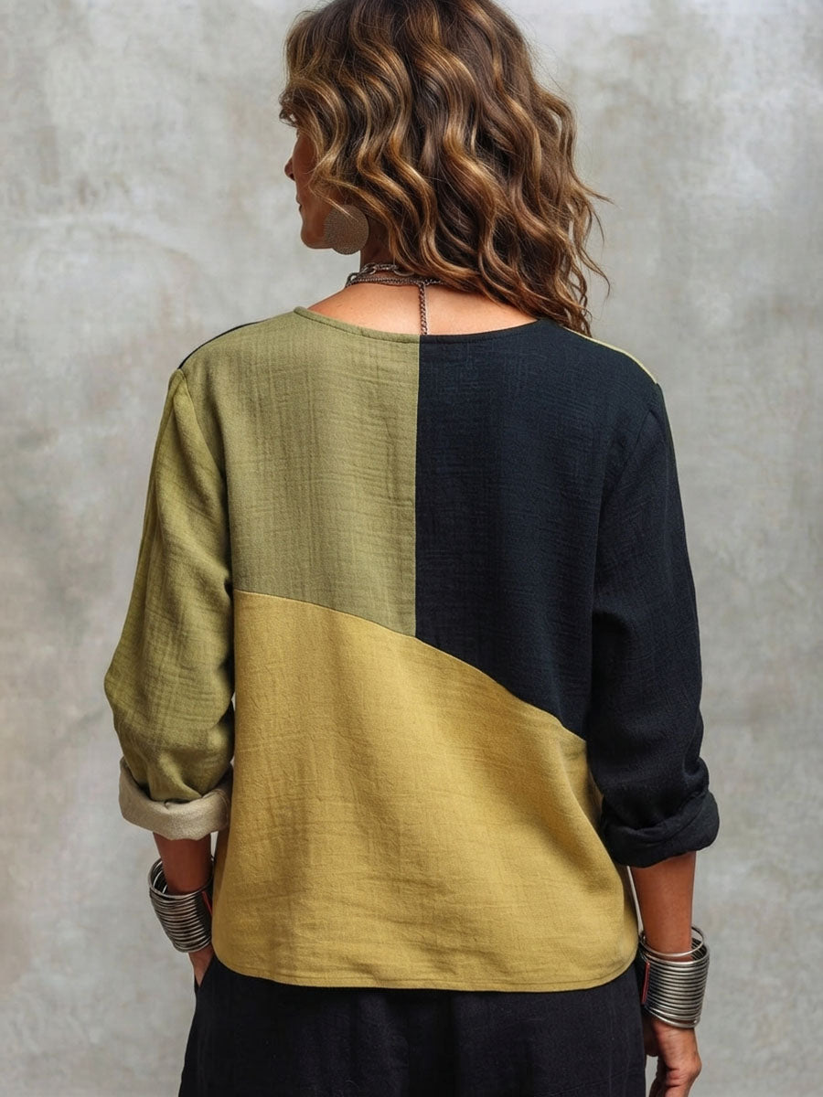 Back view showing the split olive, mustard and black panels
