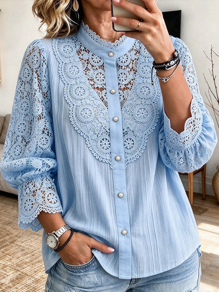 Light blue blouse with floral lace bib and balloon sleeves
