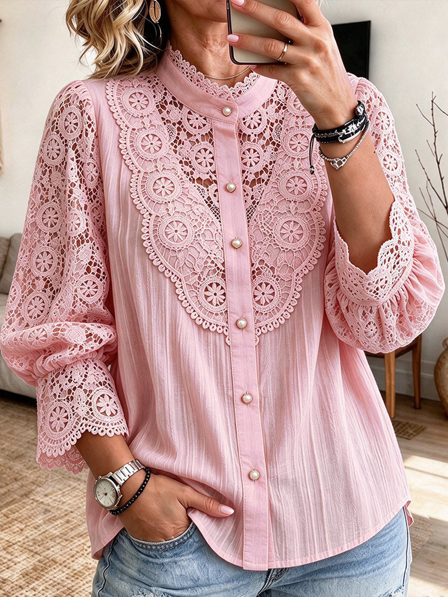 Pink blouse with lace yoke and scalloped cuffs, worn with denim