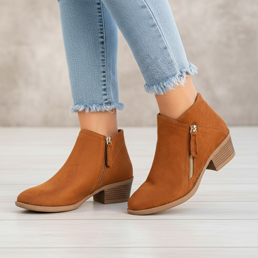 Women's caramel side zip booties, worn with cropped jeans
