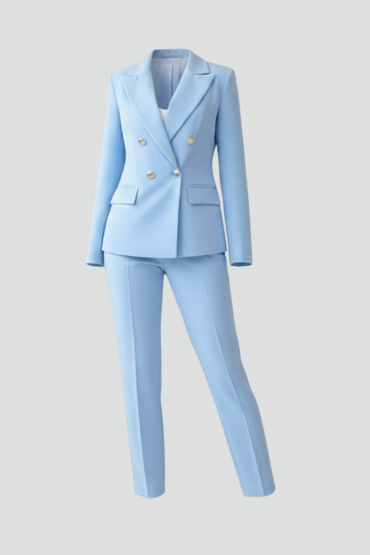 Women's light blue double breasted business suit, front view