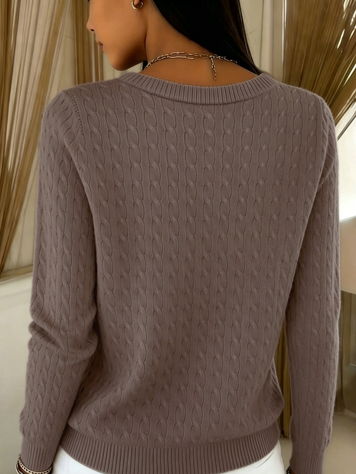 Back view of the coffee brown cable knit cardigan