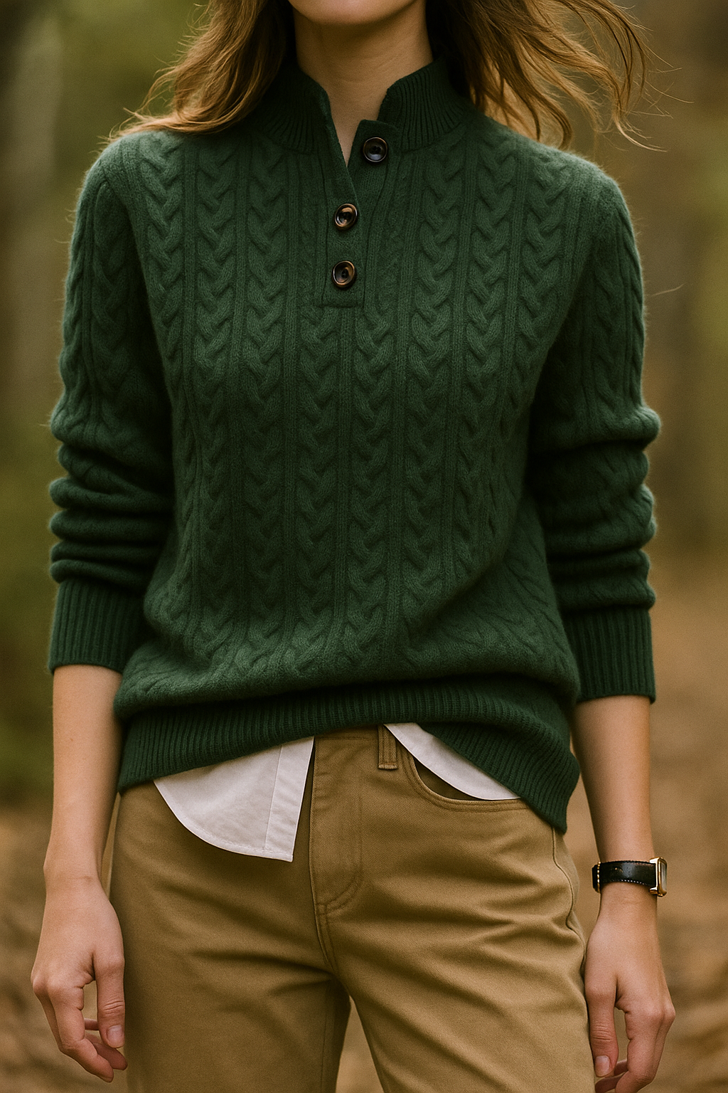 Women's cable knit sweater, button collar pullover, photo 1