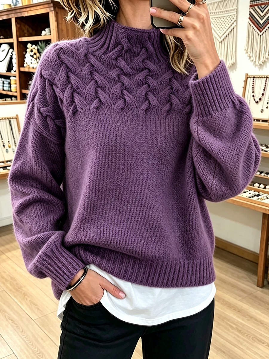 Purple mock neck sweater with chunky braided cable band