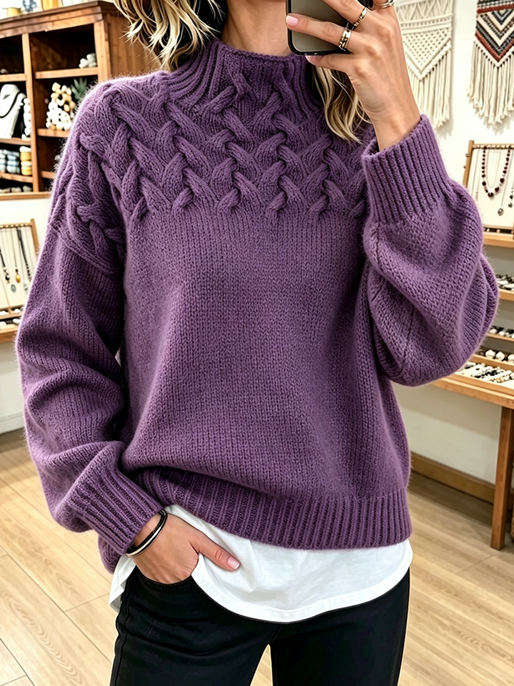 Purple mock neck sweater with chunky braided cable band