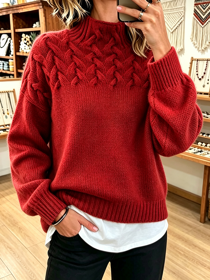 Red mock neck sweater with braided yoke and drop shoulders