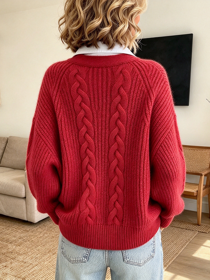 Back view of the red sweater showing the braided cable panel