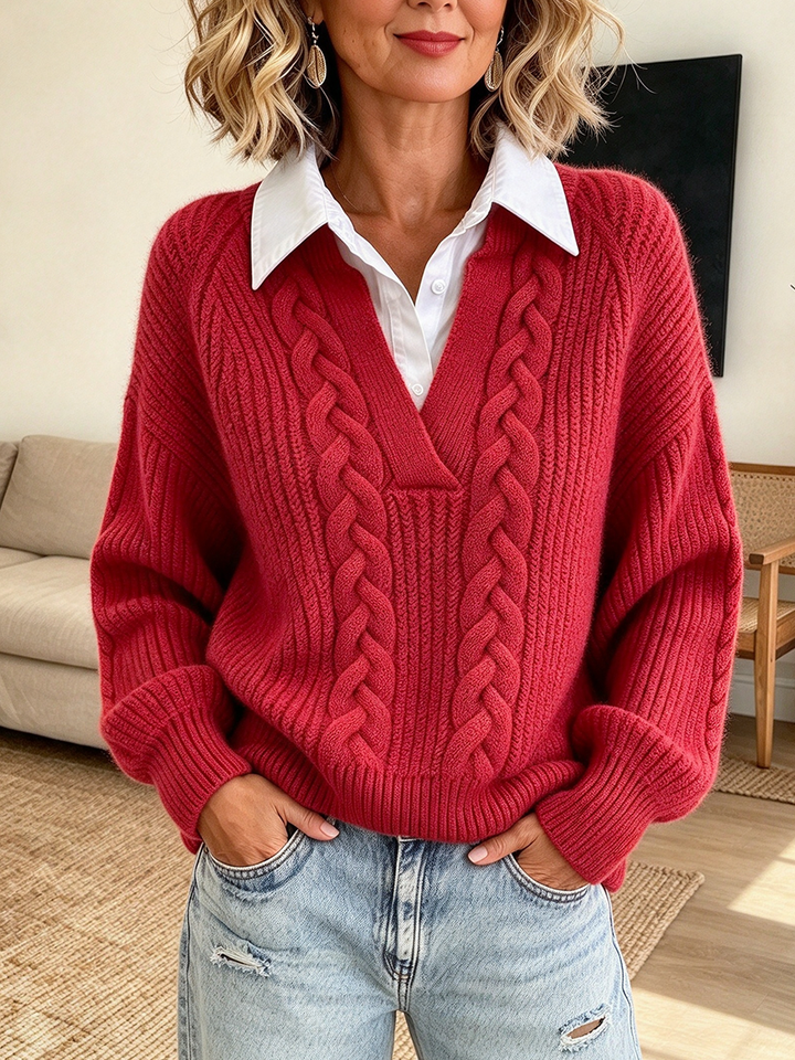 Red cable knit sweater worn with light denim, front view