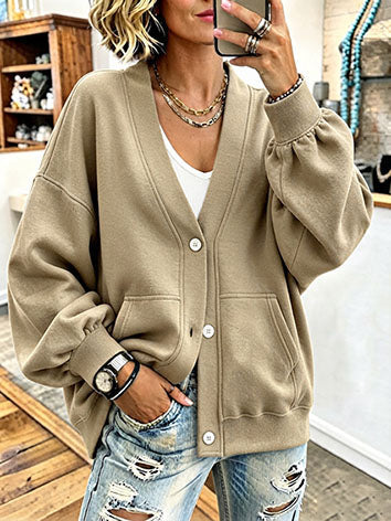 Khaki relaxed cardigan with dropped shoulders and ribbed hem