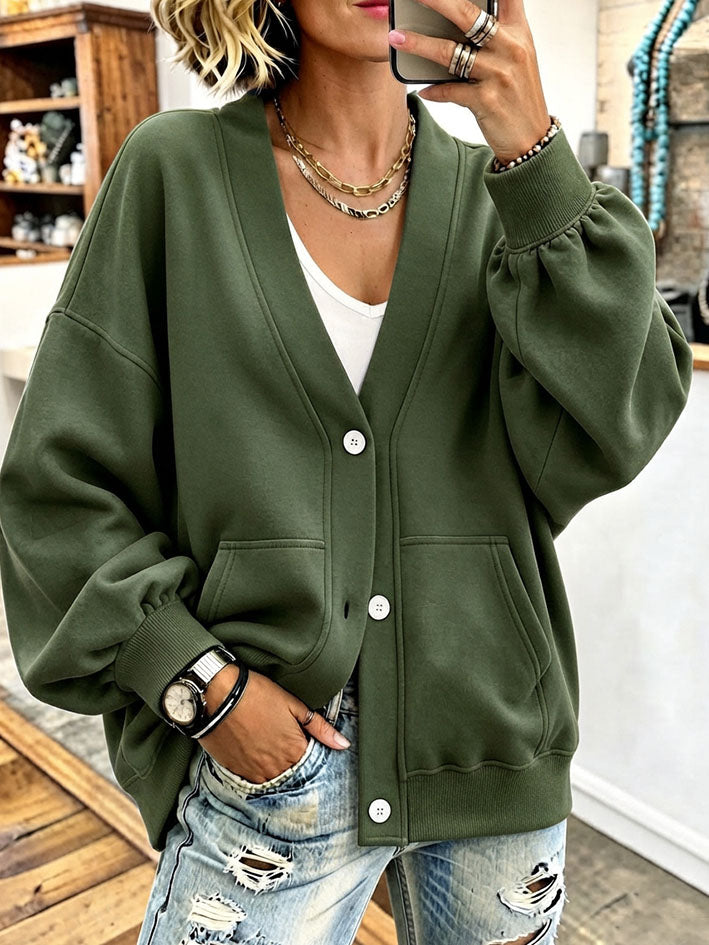 Olive button-front cardigan with balloon sleeves and ribbed cuffs