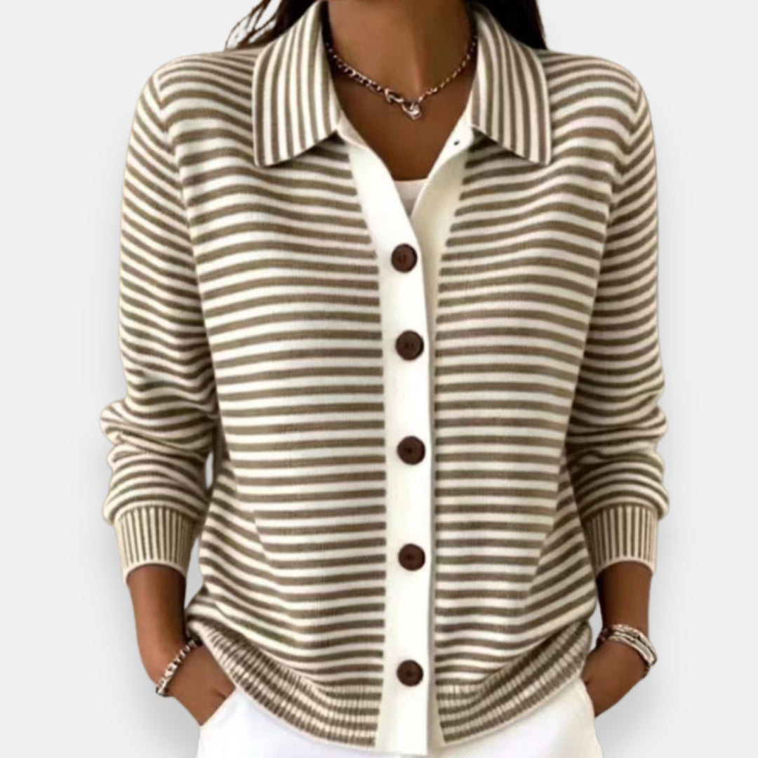 Brown striped knit cardigan with collar and dark buttons, front view on model