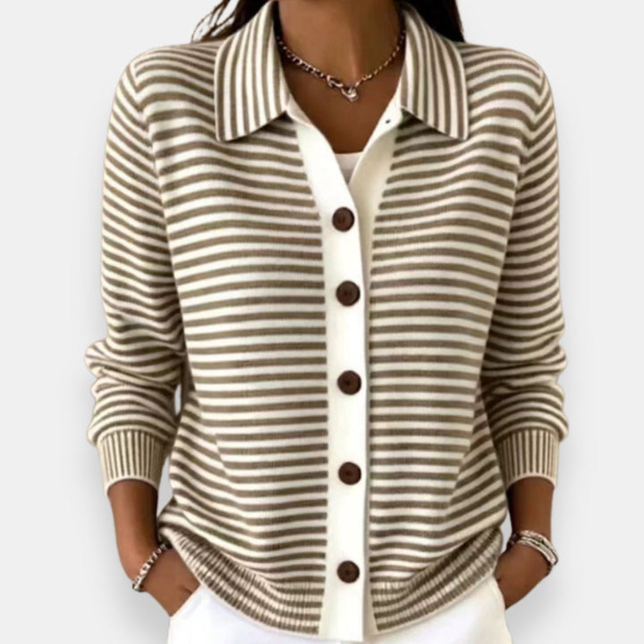 Brown striped knit cardigan with collar and dark buttons, front view on model