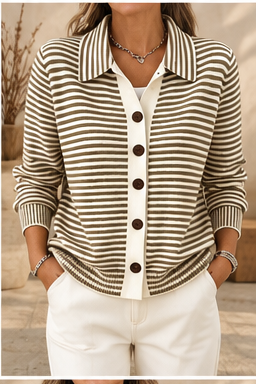 Women's cardigan in brown stripes with collar and button front, styled with white pants