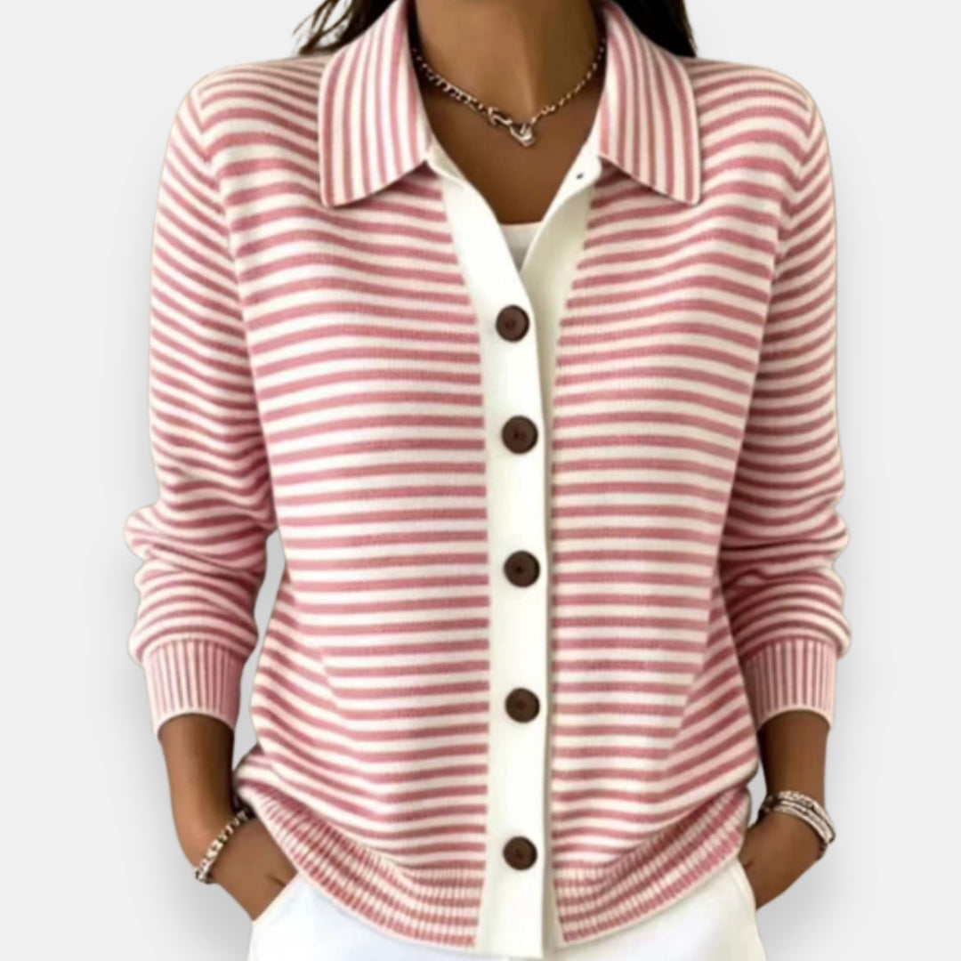 Pink striped cardigan with collar and brown buttons, front view